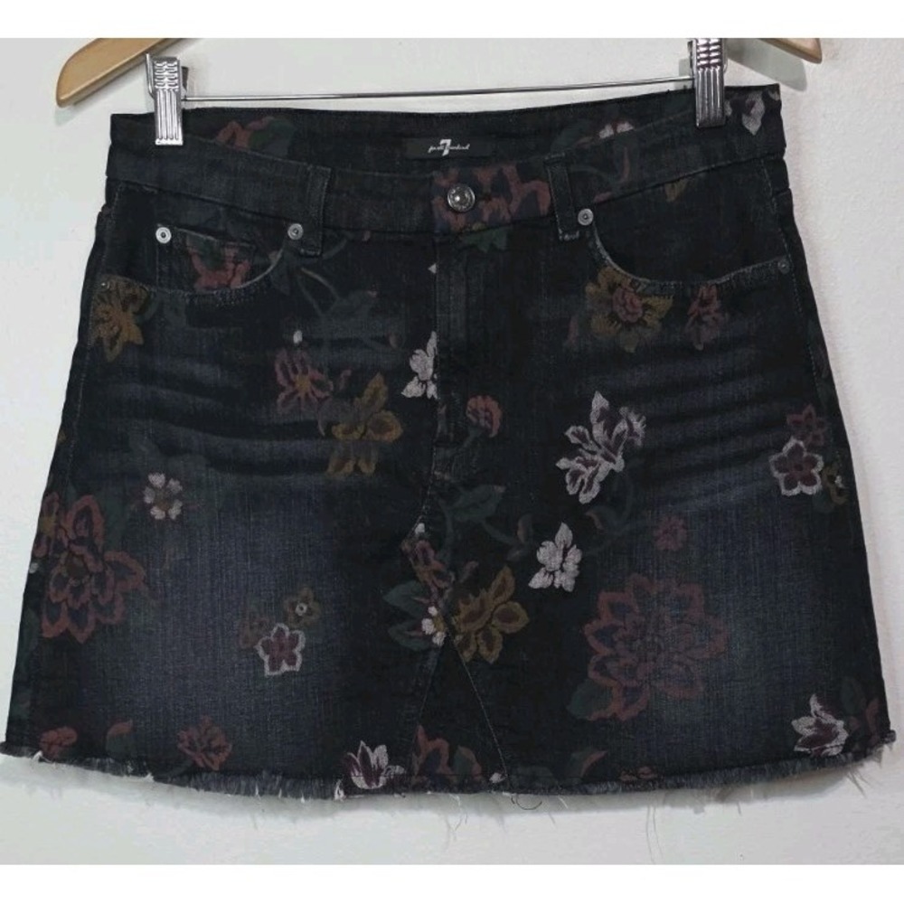7 For All Mankind Floral Print Black Denim Mini Skirt Raw Hem Romantic Grunge 29